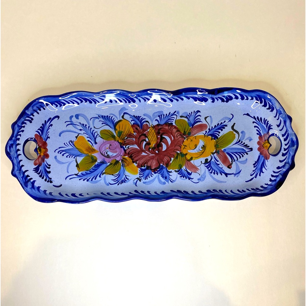 Vtg Hand Painted Bread Tray with Small Handles at Ends Portuguese Pottery Clay